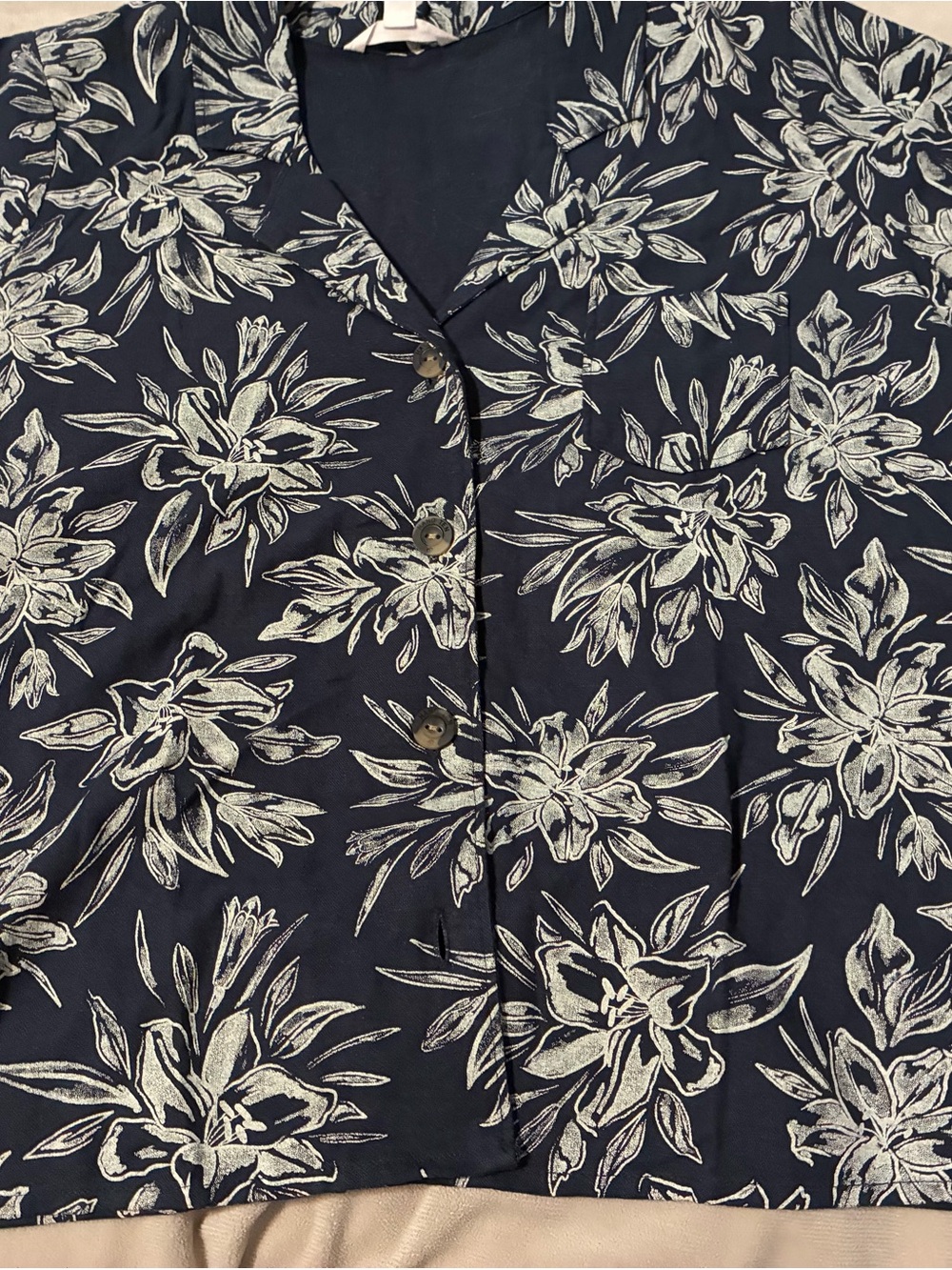 Hang Ten Navy Blue Floral Button-Up Blouse, Size L